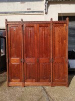 A W N Pugin. Gothic Revival Four Door Pitch Pine Wardrobe with Linenfold Panels - Thumbnail 3