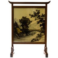 E. W. Godwin. An Anglo-Japanese Mahogany Fire Screen with Original Silk Country Scene