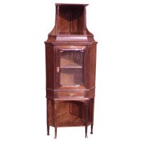 Secessionist Style Walnut Corner Display Cabinet with Stylized Brass Handles