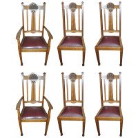 Shapland & Petter, a Set of Six Arts & Crafts Oak Dining Chairs with Two Carvers - Thumbnail 1
