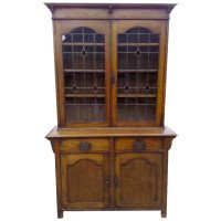 Arts & Crafts Oak Bookcase with Teardrop Stain Glass, Drawers & Lower Cupboard