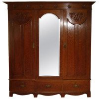 Shapland & Petter, Arts & Crafts Oak Treble Wardrobe with Floral Carved Details - Thumbnail 1