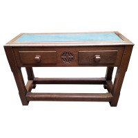 English Arts & Crafts Oak Hall Table with Carved Decoration & Blue Marble Top