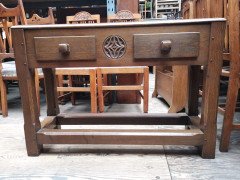 English Arts & Crafts Oak Hall Table with Carved Decoration & Blue Marble Top - Thumbnail 2