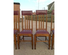 Eight Arts & Crafts Glasgow Style High Back Oak Dining Chairs with Leather Seats - Thumbnail 2