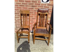 Eight Arts & Crafts Glasgow Style High Back Oak Dining Chairs with Leather Seats - Thumbnail 9