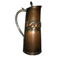 English Arts & Crafts Copper Jug with Stylised Hand Formed Leaf Decoration - Thumbnail 1