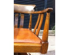 Arts & Crafts Oak Adjustable Swivel and Rocking Office Chair with Leather Seat - Thumbnail 4