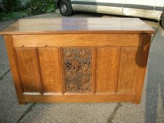 Arts & Crafts Oak Server Altar Table with a Finely Carved Centre Panel of Vines - Thumbnail 2