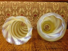 One Arts & Crafts Vaseline/ Uranium Glass Shades, One Swirl, One Zigzag Patterned - Thumbnail 5