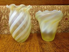 One Arts & Crafts Vaseline/ Uranium Glass Shades, One Swirl, One Zigzag Patterned - Thumbnail 4