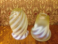 One Arts & Crafts Vaseline/ Uranium Glass Shades, One Swirl, One Zigzag Patterned - Thumbnail 2