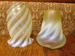 One Arts & Crafts Vaseline/ Uranium Glass Shades, One Swirl, One Zigzag Patterned - Thumbnail 3
