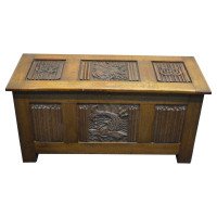 Arts & Crafts Oak Blanket Chest Carved with King Neptune King Fish of the Sea - Thumbnail 1