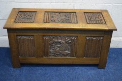 Arts & Crafts Oak Blanket Chest Carved with King Neptune King Fish of the Sea - Thumbnail 2