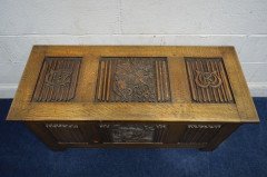 Arts & Crafts Oak Blanket Chest Carved with King Neptune King Fish of the Sea - Thumbnail 3