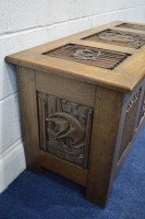 Arts & Crafts Oak Blanket Chest Carved with King Neptune King Fish of the Sea - Thumbnail 4