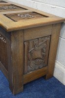 Arts & Crafts Oak Blanket Chest Carved with King Neptune King Fish of the Sea - Thumbnail 5