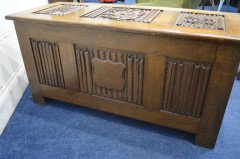 Arts & Crafts Oak Blanket Chest Carved with King Neptune King Fish of the Sea - Thumbnail 7