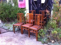 Five English Arts & Crafts Oak Dining Chairs with Simple Stylised Floral Details - Thumbnail 2