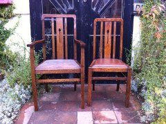 Five English Arts & Crafts Oak Dining Chairs with Simple Stylised Floral Details - Thumbnail 3