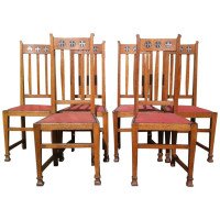 Wylie & Lochhead, Set of Six Arts & Crafts Oak Dining Chairs with Pewter Inlays - Thumbnail 1