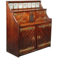 John Pollard Seddon attr, Gothic Revival Oak Sideboard, Minton Shakespeare Tiles - Thumbnail 2