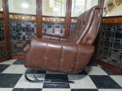 Mid Century French Cantilever Armchair with Original Brown Vinyl Upholstery - Thumbnail 2