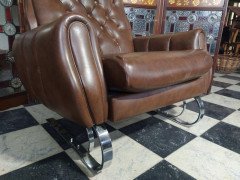 Mid Century French Cantilever Armchair with Original Brown Vinyl Upholstery - Thumbnail 5