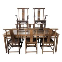 Chinese Hard Wood Dining Table & Eight Matching Chairs All with Stylized Carving