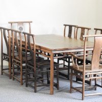 Chinese Hard Wood Dining Table & Eight Matching Chairs All with Stylized Carving - Thumbnail 3