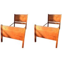 Heals, Near Pair of Arts & Crafts Single Oak 3 Foot Wide Beds with Carved Hearts