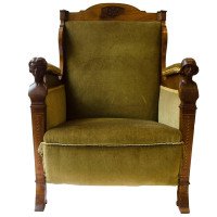 Arts and Crafts Walnut Armchair with Carved Female Heads and High Heel Shoes - Thumbnail 5