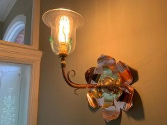 W A S Benson. Rare Pair of Large Brass and Copper Lily-Pad Reflector Wall Lights - Thumbnail 4