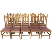 Liberty & Co, Ten Arts & Crafts Oak Dining Chairs with Stylised Floral Details - Thumbnail 1