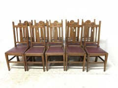 Liberty & Co, Ten Arts & Crafts Oak Dining Chairs with Stylised Floral Details - Thumbnail 2