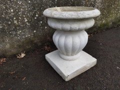 Mid- Century Modern Two- Piece French Concrete Bulbous Fluted Planter on Stand - Thumbnail 3