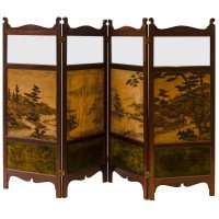 E. W. Godwin, attributed. An Anglo-Japanese Four-fold Screen with Japanese Silk Scenes