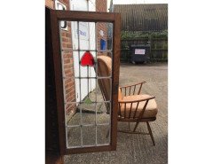 Arts & Crafts Oak Bookcase with Stylized Floral Stain Glass and a Cupboard below - Thumbnail 4