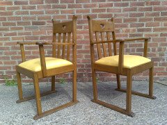 Pair Oak Armchairs, in the Style of Liberty & Co with Heart Cut- Out to the Backs - Thumbnail 3