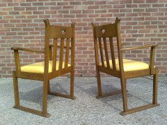 Pair Oak Armchairs, in the Style of Liberty & Co with Heart Cut- Out to the Backs - Thumbnail 7