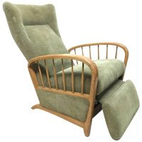 Italian Style Fully Reclining Armchair in Beech Wood with Original Green Fabric - Thumbnail 1