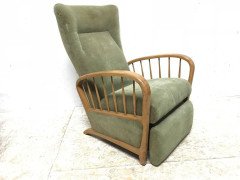 Italian Style Fully Reclining Armchair in Beech Wood with Original Green Fabric - Thumbnail 2