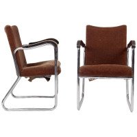 Thonet, a Pair of 1930s Tubular Steel Armchairs with Ebonized Armrests - Thumbnail 1