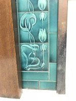 Arts & Crafts Oak Fireplace with Original Turquoise Floral Tiles and Copper Hood - Thumbnail 1