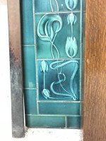 Arts & Crafts Oak Fireplace with Original Turquoise Floral Tiles and Copper Hood - Thumbnail 2