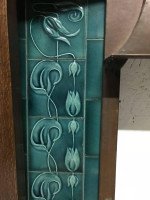 Arts & Crafts Oak Fireplace with Original Turquoise Floral Tiles and Copper Hood - Thumbnail 3