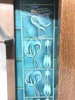 Arts & Crafts Oak Fireplace with Original Turquoise Floral Tiles and Copper Hood - Thumbnail 4