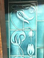 Arts & Crafts Oak Fireplace with Original Turquoise Floral Tiles and Copper Hood - Thumbnail 5