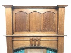 Arts & Crafts Oak Fireplace with Original Turquoise Floral Tiles and Copper Hood - Thumbnail 6